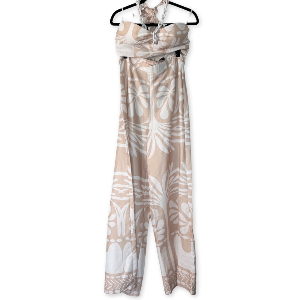 Blythe LA (L) Cream/White Tropical Matching Set: Bra Halter Top + Wide Leg Pants